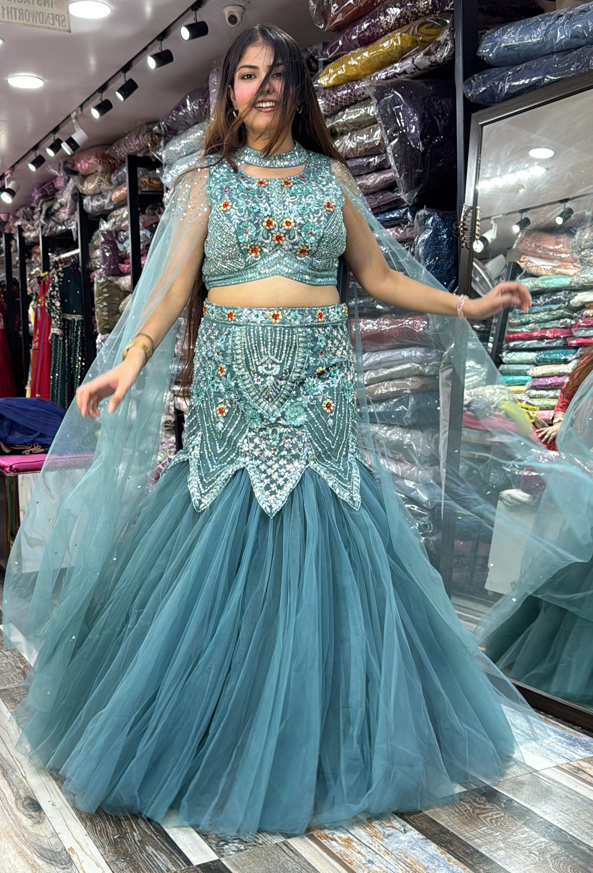 Designer Fish-Cut Lehenga Choli with Cape and Falling Sleeves