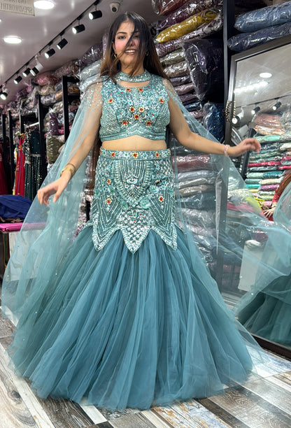 Designer Fish-Cut Lehenga Choli with Cape and Falling Sleeves