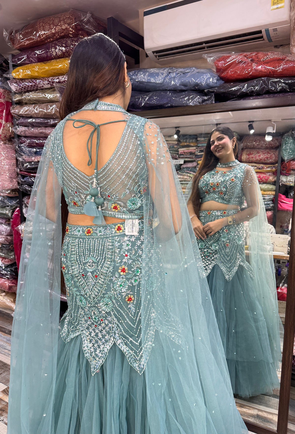 Designer Fish-Cut Lehenga Choli with Cape and Falling Sleeves