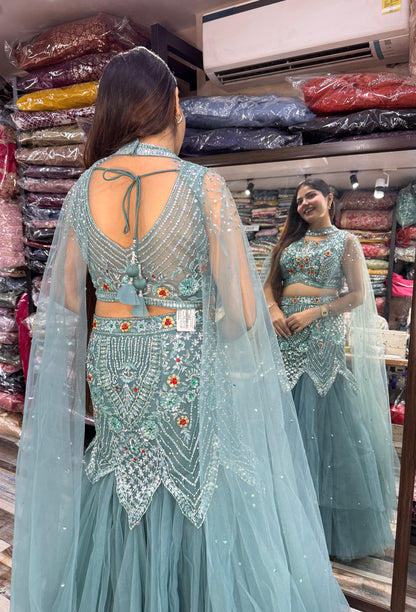 Designer Fish-Cut Lehenga Choli with Cape and Falling Sleeves