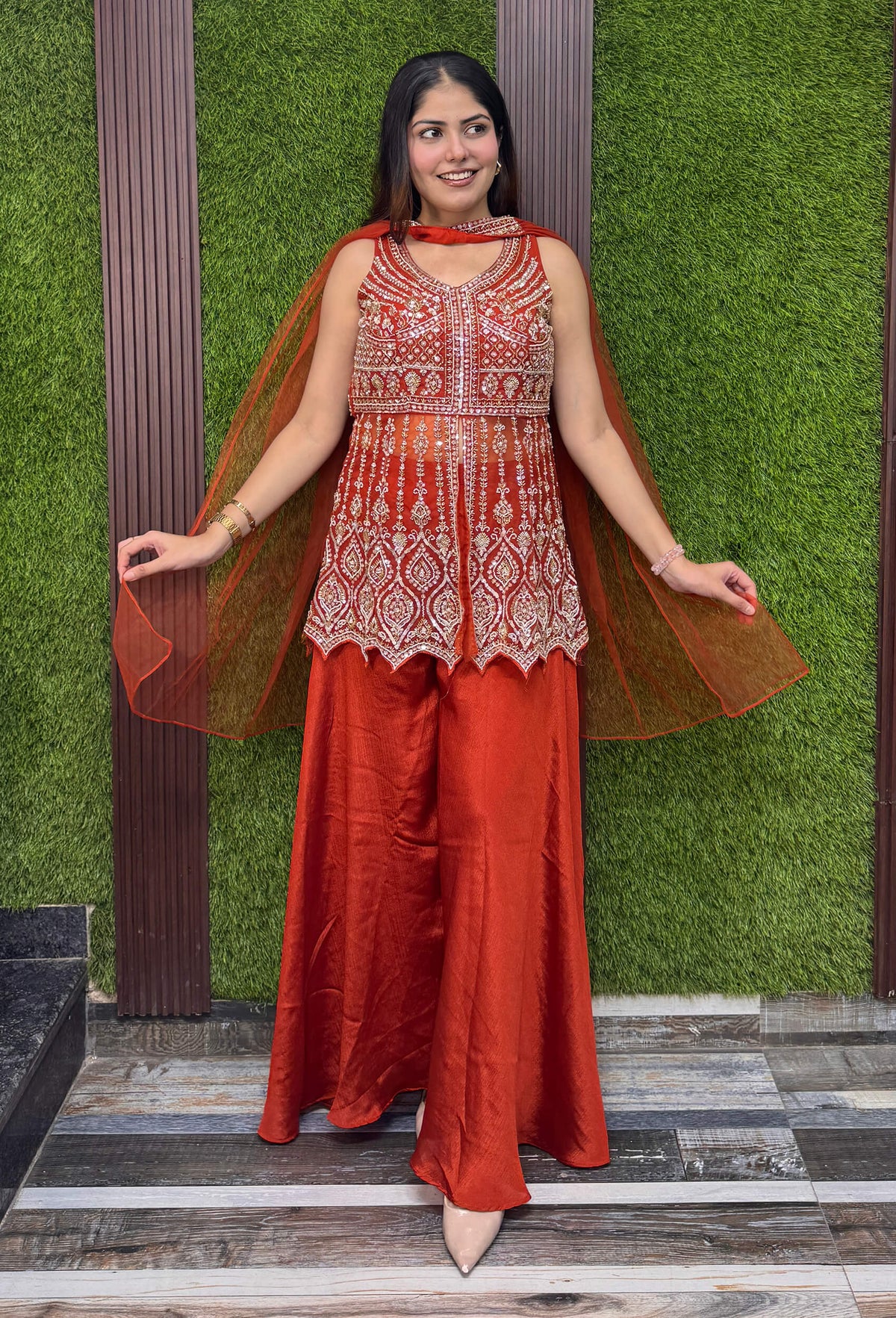 Short Peplum Front Slit Sharara Suit with Plazo and Choker Dupatta