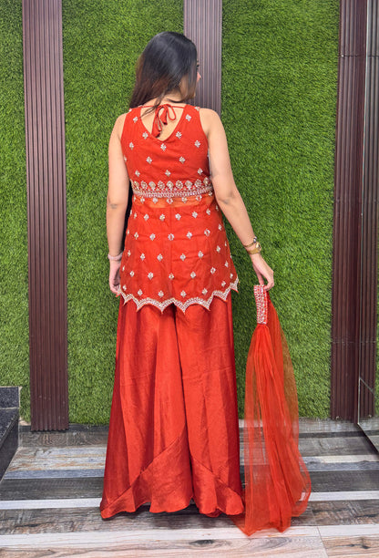 Short Peplum Front Slit Sharara Suit with Plazo and Choker Dupatta