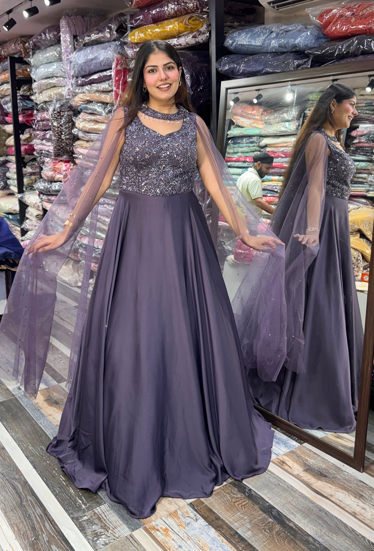 Pure Armani Satin Flared Gown with Cape-Style Falling Sleeves