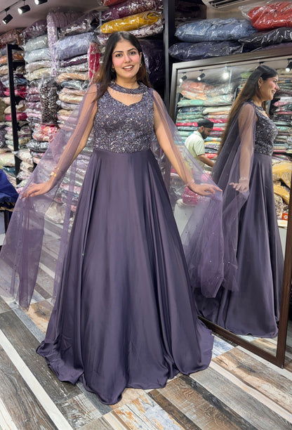 Pure Armani Satin Flared Gown with Cape-Style Falling Sleeves