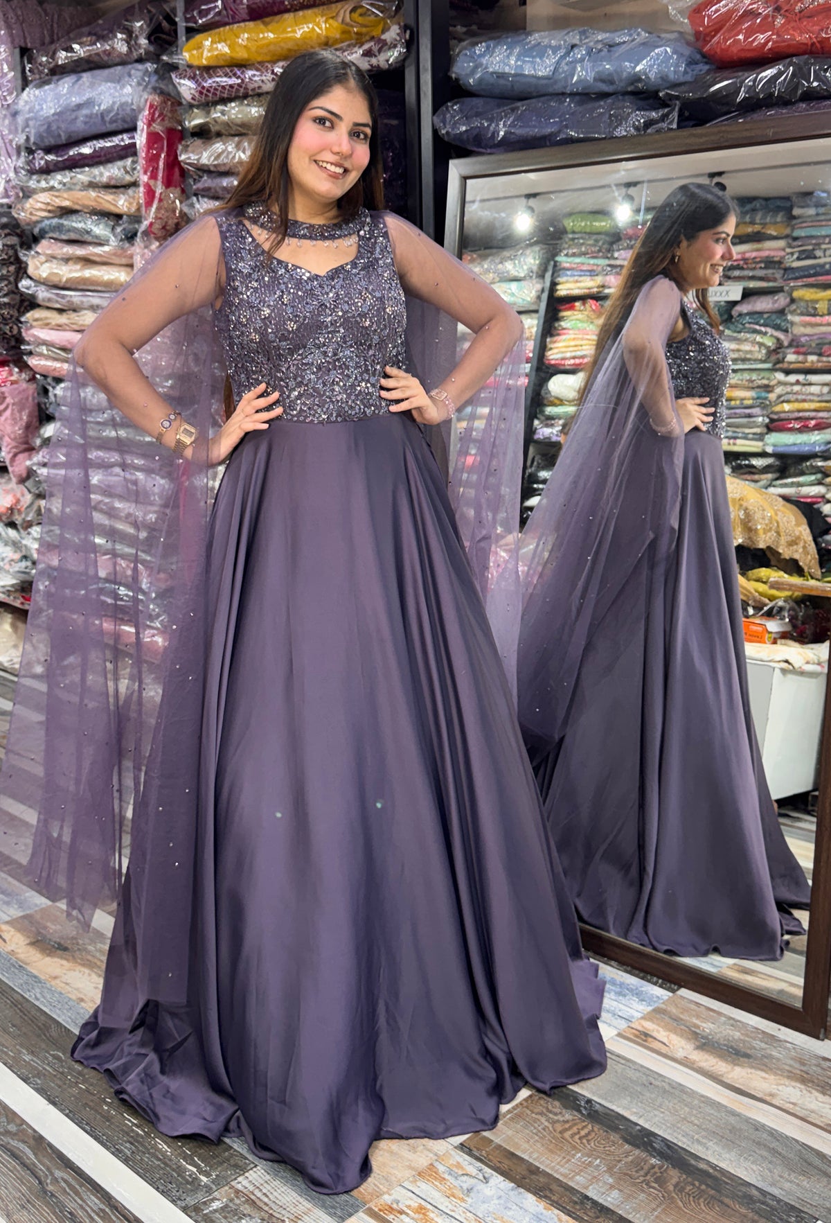 Pure Armani Satin Flared Gown with Cape-Style Falling Sleeves