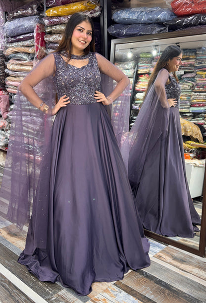 Pure Armani Satin Flared Gown with Cape-Style Falling Sleeves