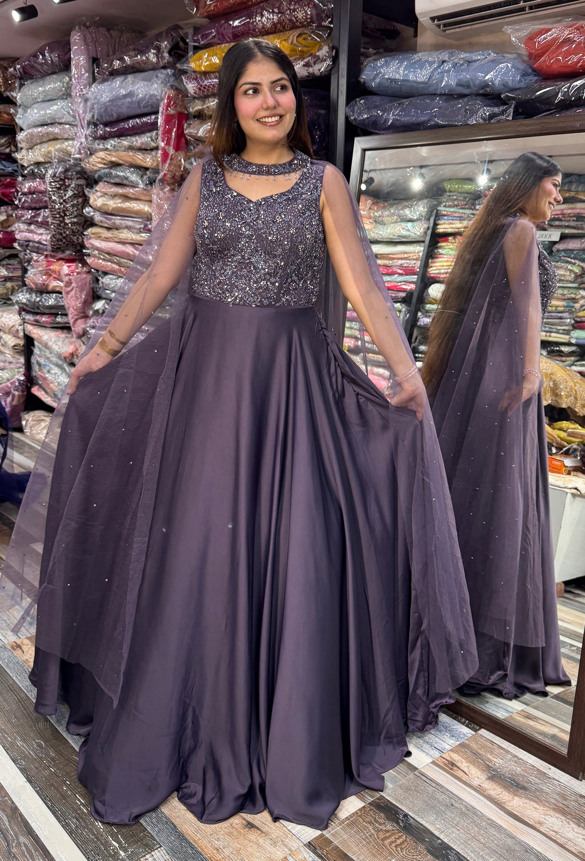 Pure Armani Satin Flared Gown with Cape-Style Falling Sleeves