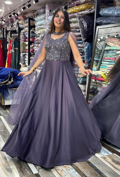 Pure Armani Satin Flared Gown with Cape-Style Falling Sleeves