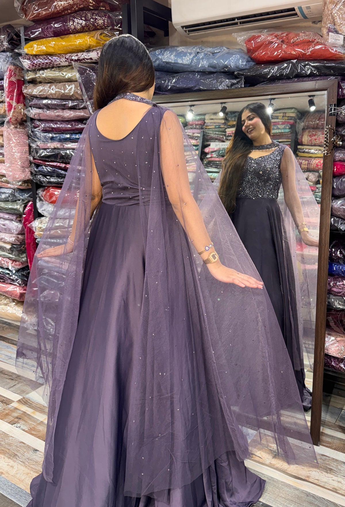 Pure Armani Satin Flared Gown with Cape-Style Falling Sleeves