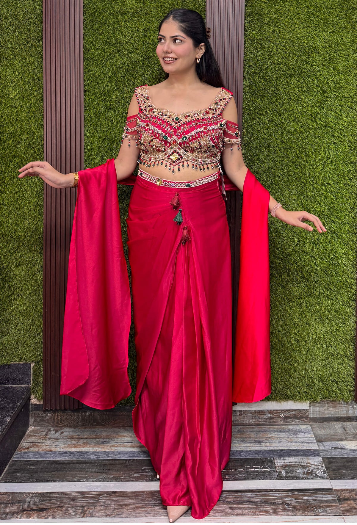 Designer Satin Tulip Style Skirt with Choker Dupatta and  Choli