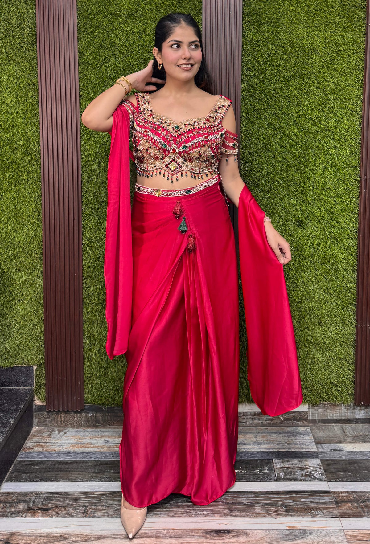 Designer Satin Tulip Style Skirt with Choker Dupatta and  Choli