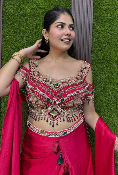 Designer Satin Tulip Style Skirt with Choker Dupatta and  Choli