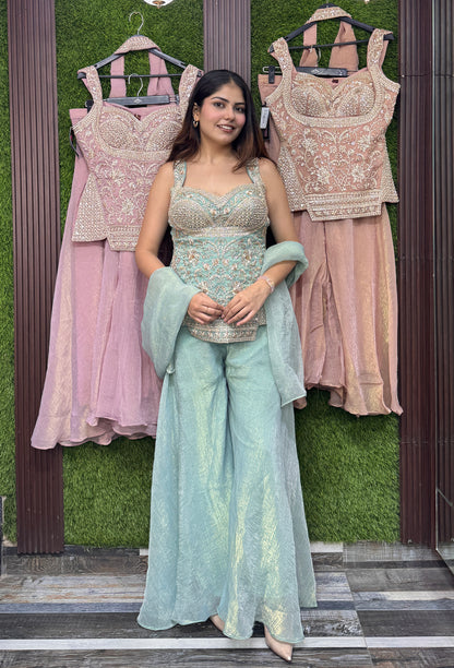Cord Set-Style Sharara Suit with Spaghetti Neckline and Simple Dupatta