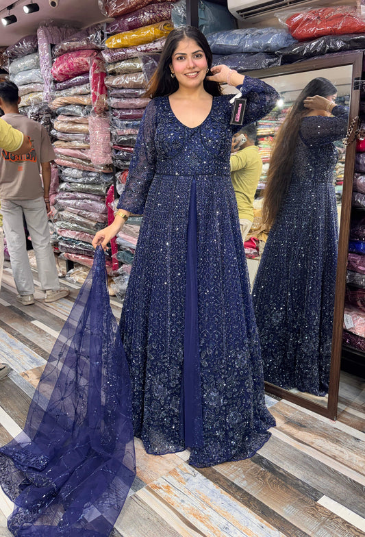 Indo-Western Front Slit Anarkali with Net Lehenga Skirt