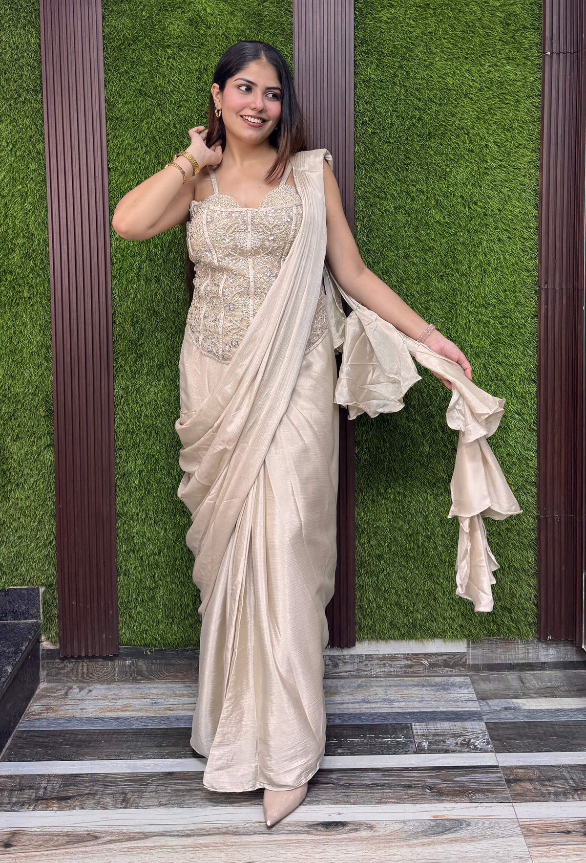 Cord-Set Spaghetti Blouse with Ready to Wear Drape Saree