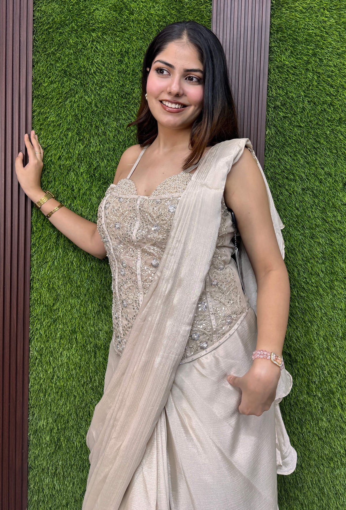 Cord-Set Spaghetti Blouse with Ready to Wear Drape Saree