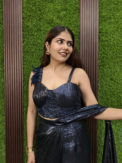 Spaghetti Readymade Drape Shimmer Saree in Two-Tone - Blue