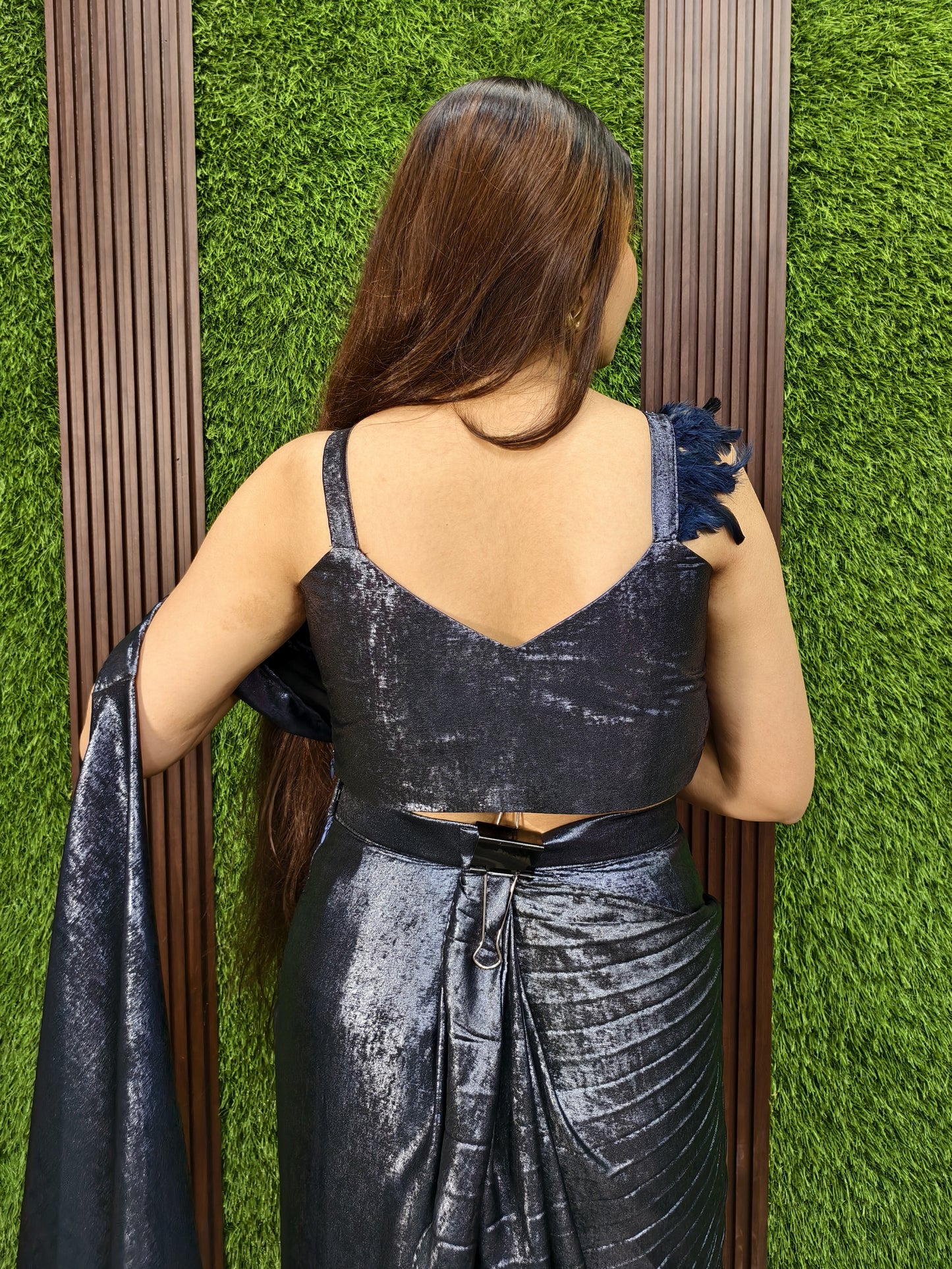 Spaghetti Readymade Drape Shimmer Saree in Two-Tone - Blue