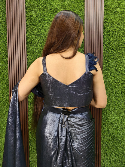 Spaghetti Readymade Drape Shimmer Saree in Two-Tone - Blue
