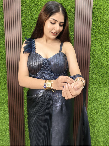 Spaghetti Readymade Drape Shimmer Saree in Two-Tone - Blue