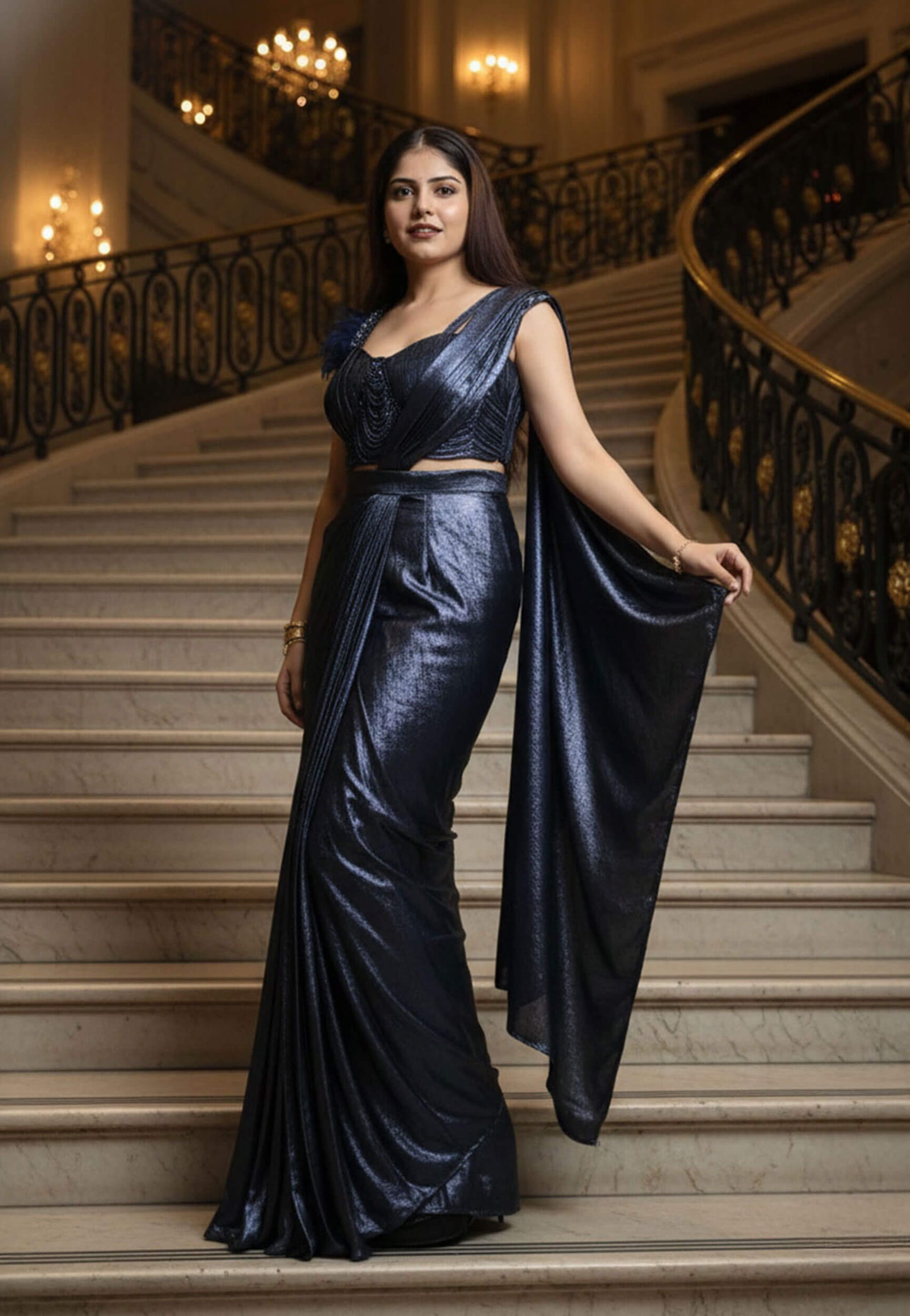 Spaghetti Readymade Drape Shimmer Saree in Two-Tone - Blue