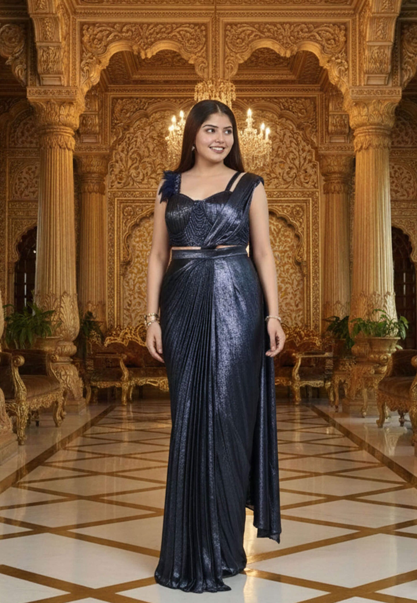Spaghetti Readymade Drape Shimmer Saree in Two-Tone - Blue