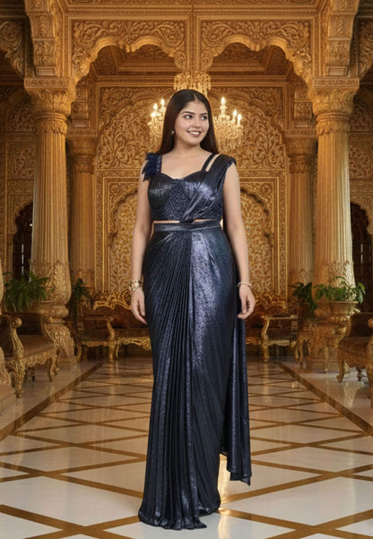 Spaghetti Readymade Drape Shimmer Saree in Two-Tone - Blue