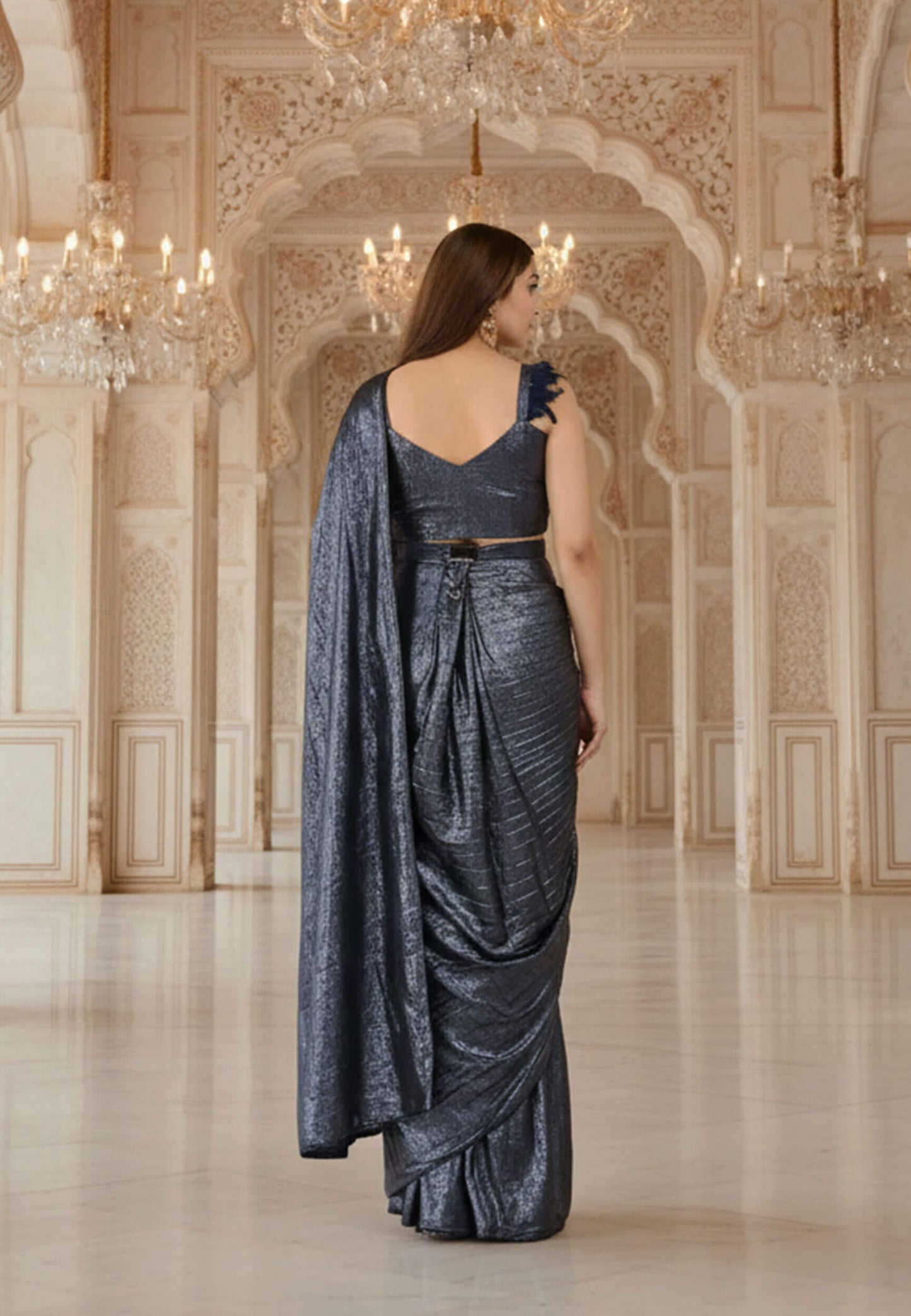 Spaghetti Readymade Drape Shimmer Saree in Two-Tone - Blue