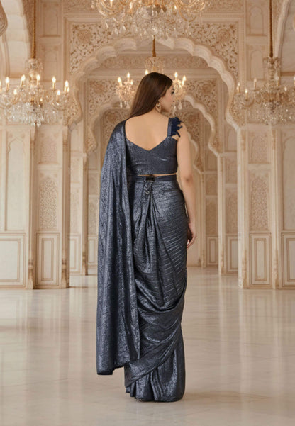 Spaghetti Readymade Drape Shimmer Saree in Two-Tone - Blue
