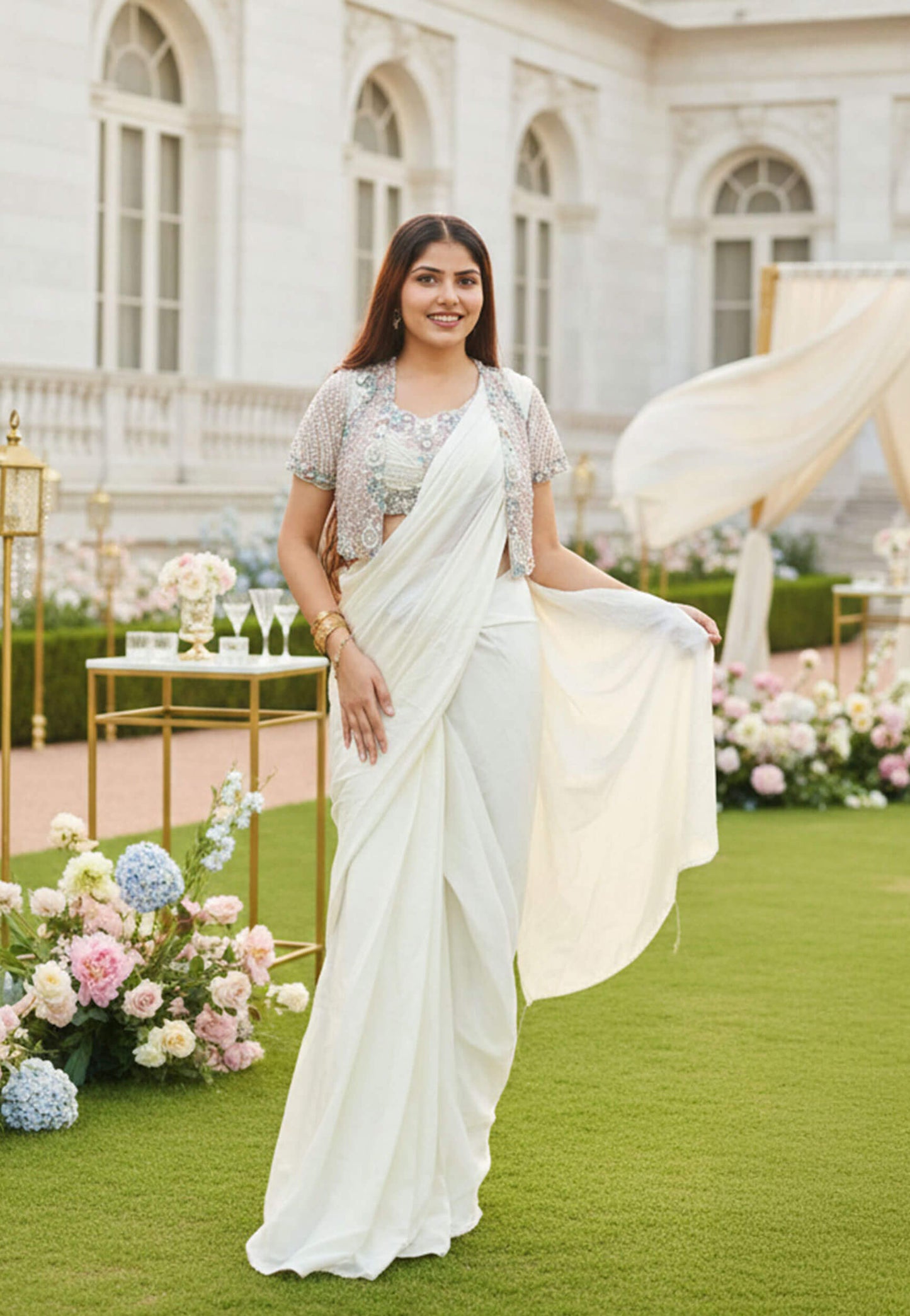 Pure Crepe Net Jacket with Embellished Ready to Wear Drape Saree in White