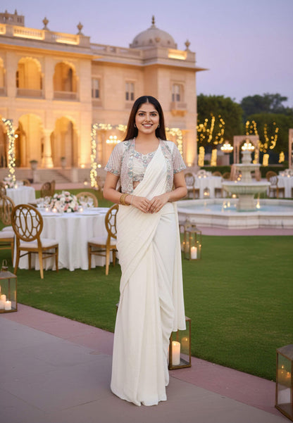 Pure Crepe Net Jacket with Embellished Ready to Wear Drape Saree in White