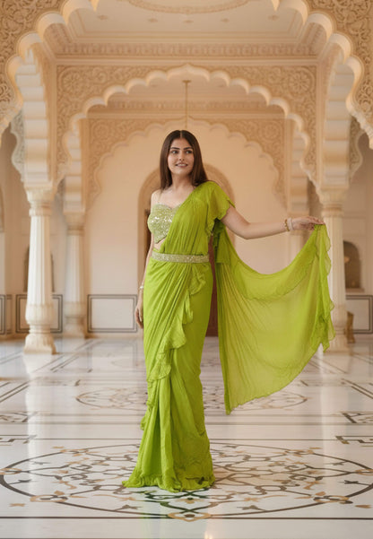 Chinnon Silk Pure Saree with Mirror Work Spaghetti Blouse - Parrot