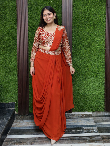 Georgette Readymade Saree with Full Sleeve Embroidered Blouse in Orange