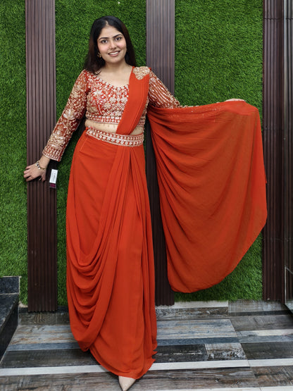 Georgette Readymade Saree with Full Sleeve Embroidered Blouse in Orange