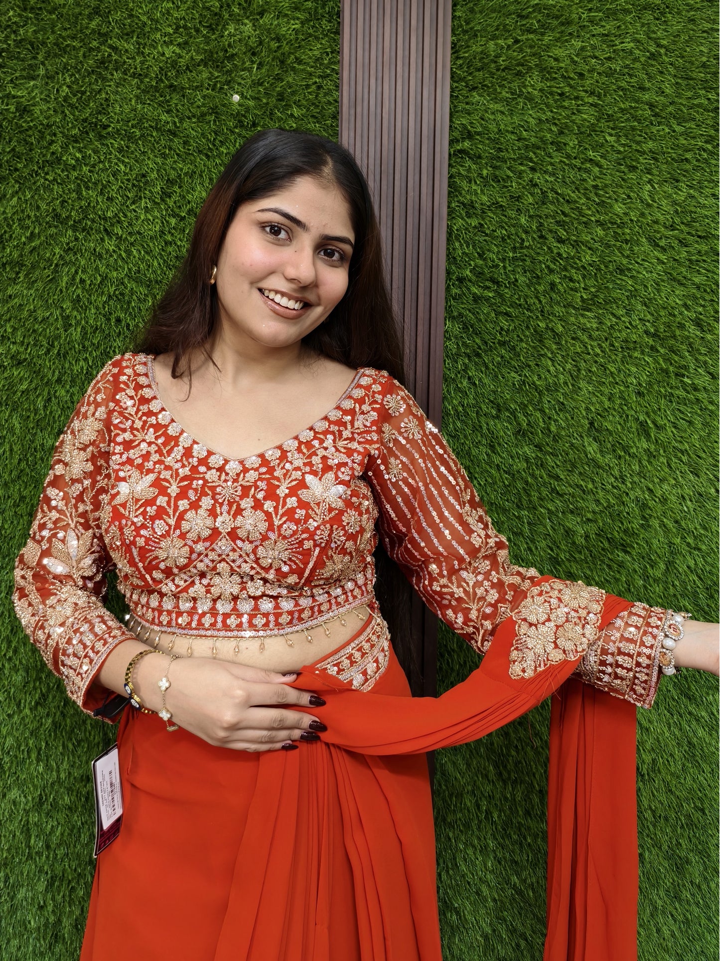 Georgette Readymade Saree with Full Sleeve Embroidered Blouse in Orange