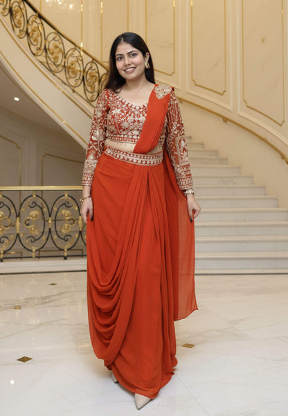 Georgette Readymade Saree with Full Sleeve Embroidered Blouse in Orange
