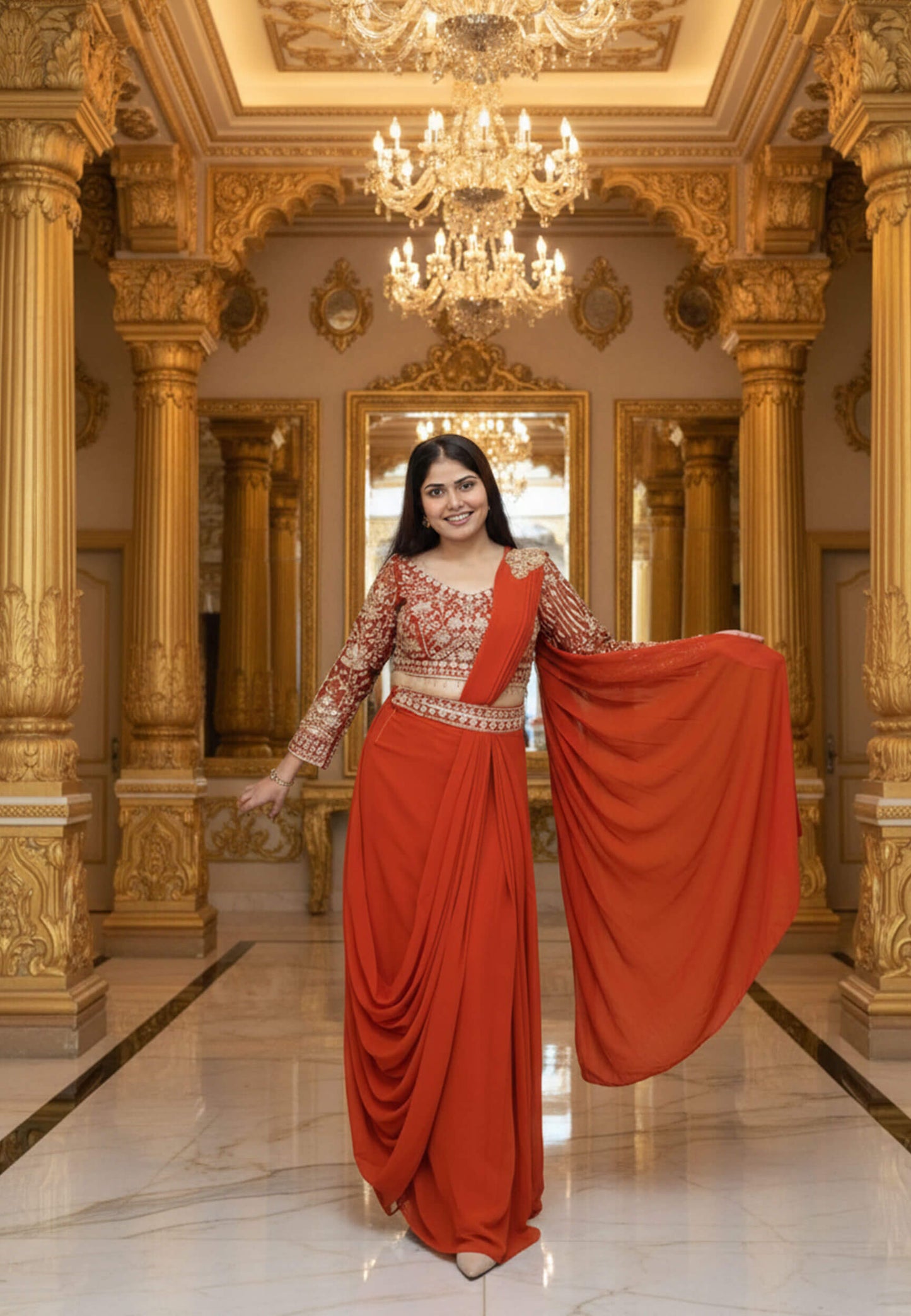 Georgette Readymade Saree with Full Sleeve Embroidered Blouse in Orange
