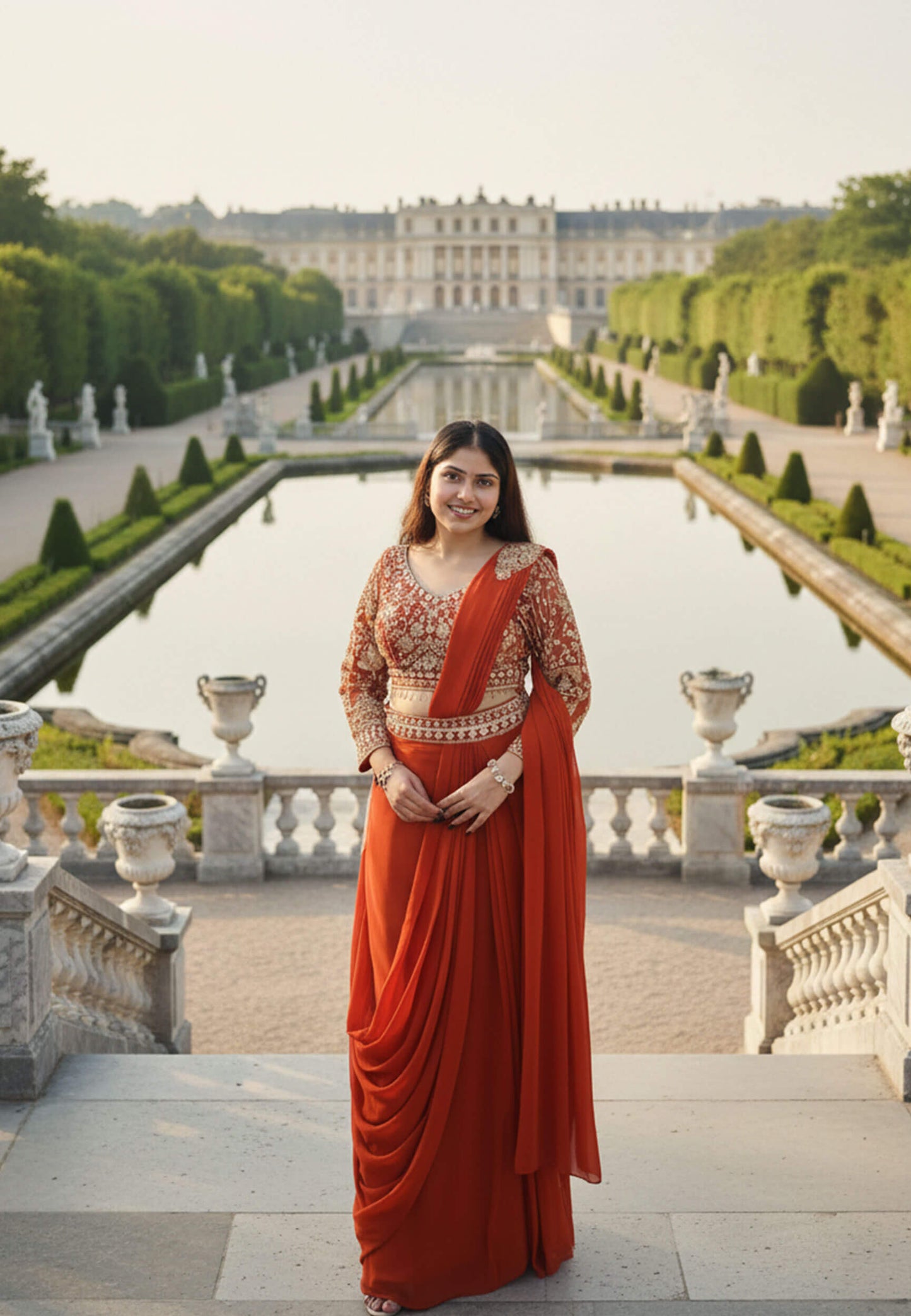 Georgette Readymade Saree with Full Sleeve Embroidered Blouse in Orange