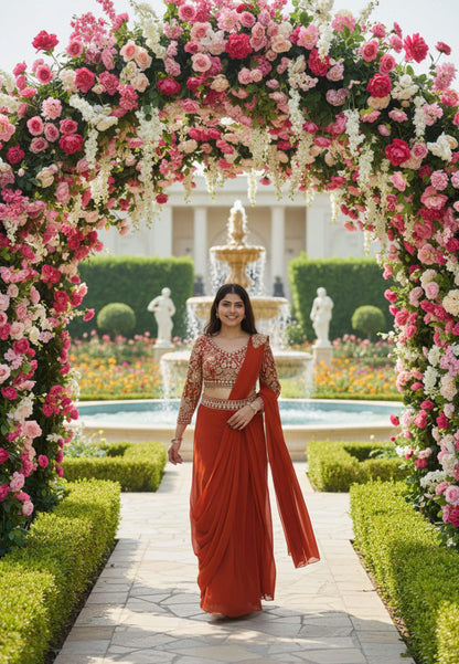 Georgette Readymade Saree with Full Sleeve Embroidered Blouse in Orange