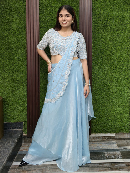 Organza Hand Work Drape Saree In Pastel Shade