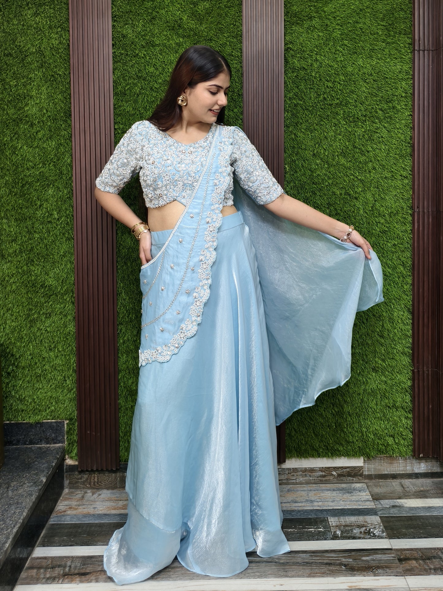 Organza Hand Work Drape Saree In Pastel Shade