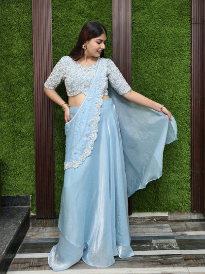 Organza Hand Work Drape Saree In Pastel Shade