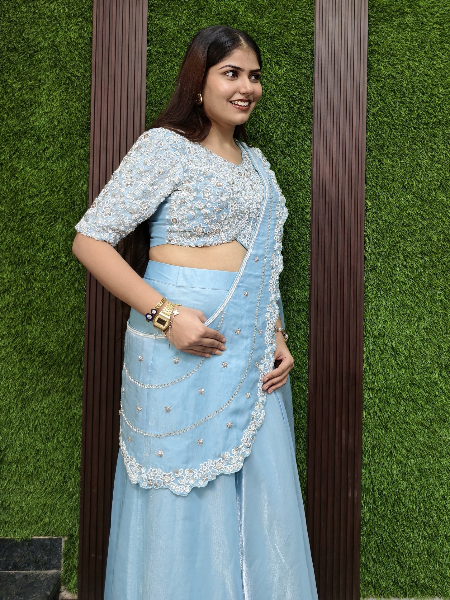 Organza Hand Work Drape Saree In Pastel Shade