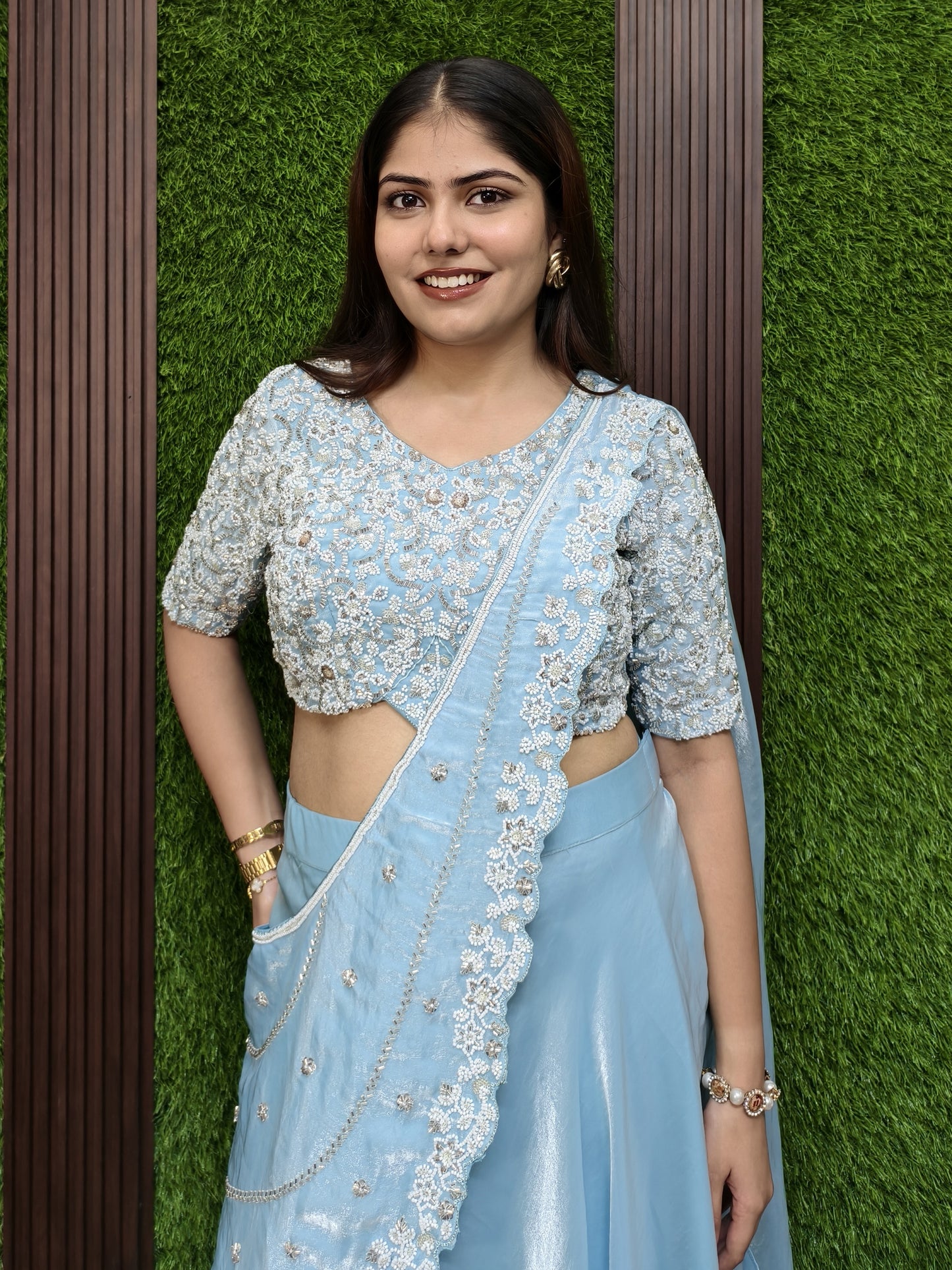 Organza Hand Work Drape Saree In Pastel Shade