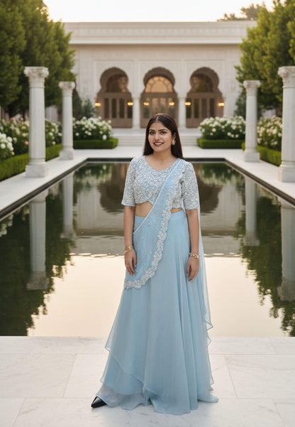 Organza Hand Work Drape Saree In Pastel Shade