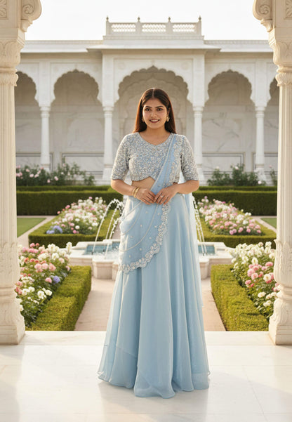 Organza Hand Work Drape Saree In Pastel Shade