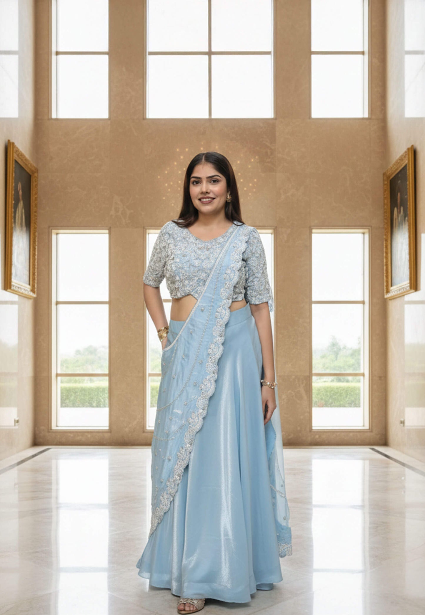 Organza Hand Work Drape Saree In Pastel Shade