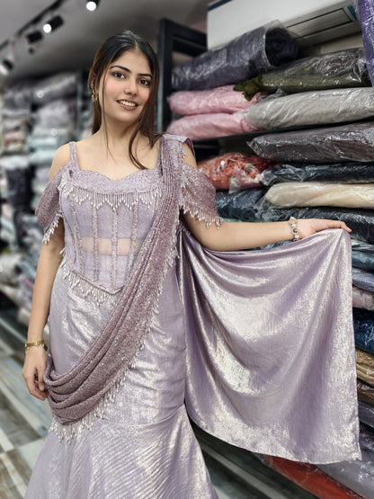 Beautiful Readymade Drape Dress in Imported Shimmer Saree  - Mauve