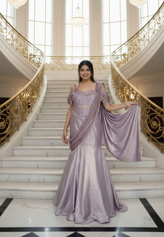 Beautiful Readymade Drape Dress in Imported Shimmer Saree  - Mauve