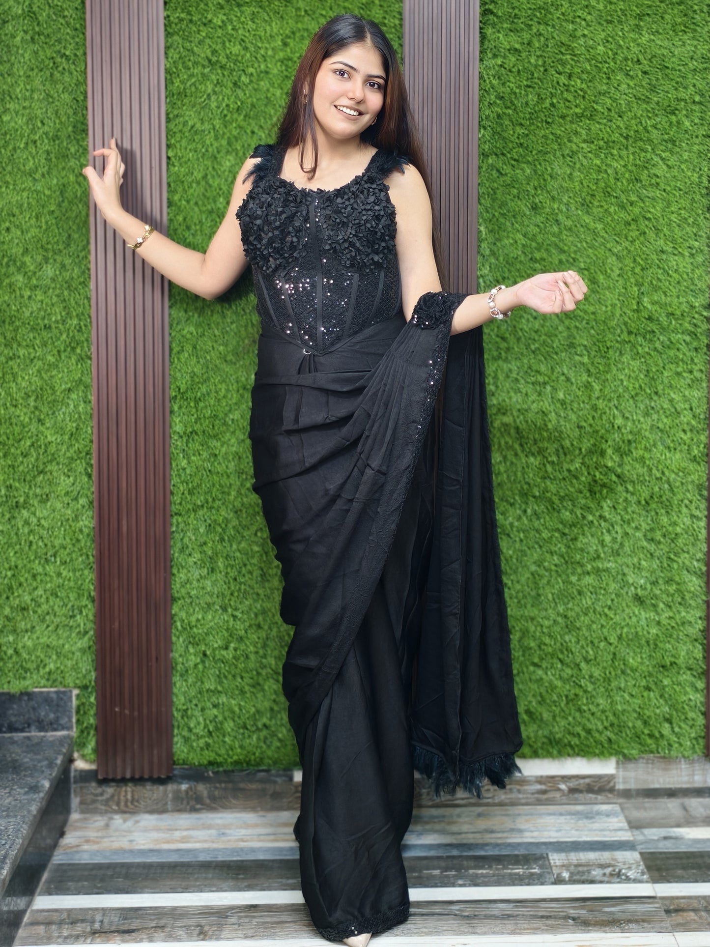Chinnon Silk Readymade Drape Saree with Applique Work Embroidery - Black